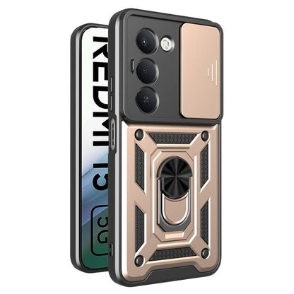 Rugged phone case with sliding camera cover, tan and black armor frame, protective lip
