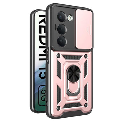 Rugged phone case with sliding camera cover, rose pink and black armor frame, camera cutouts
