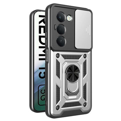 Black TPU+PC phone case with sliding camera cover, textured accents, and grip stand ring