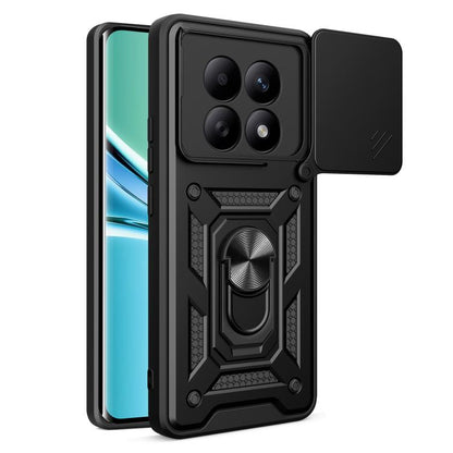 Black rugged phone case with sliding camera cover and heavy-duty patterned design