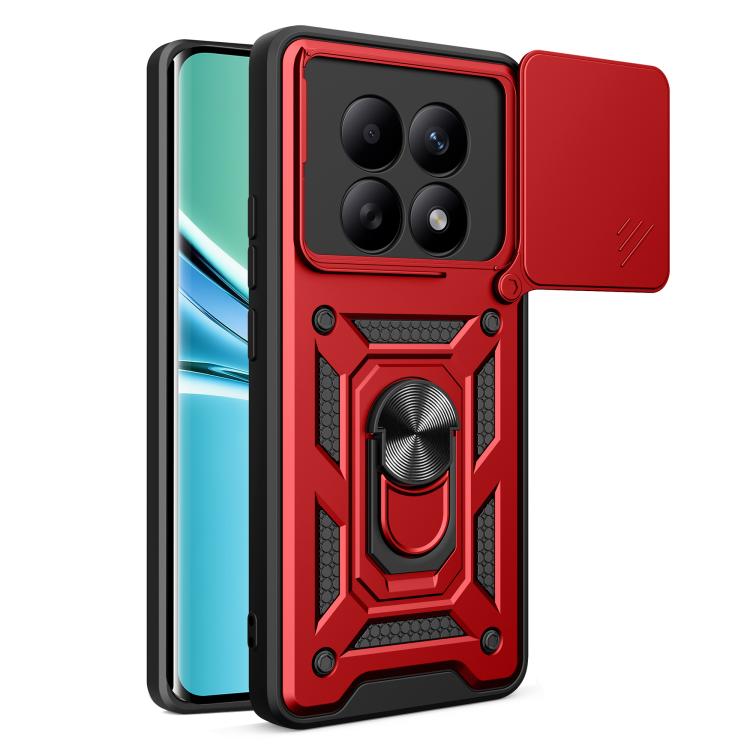 Red rugged phone case with sliding camera cover and reinforced patterned corners