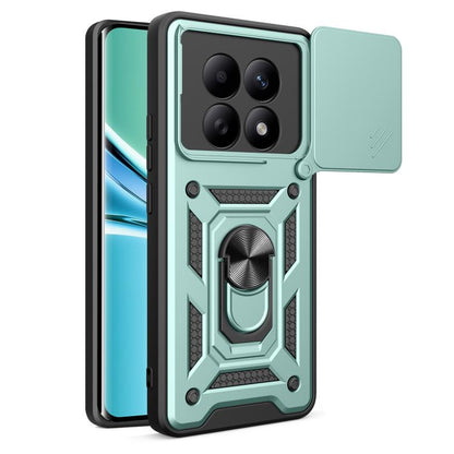 Light green rugged phone case with sliding camera cover and raised geometric side grips