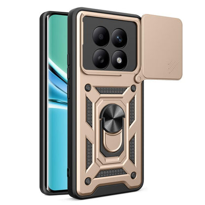 Gold rugged phone case with sliding camera cover and raised patterned shock-guard design