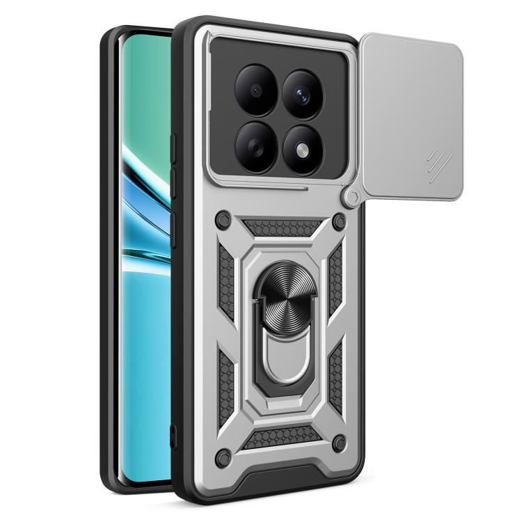 Gray rugged phone case with sliding camera cover and raised patterned protective frame
