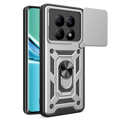 Gray rugged phone case with sliding camera cover and raised patterned protective frame