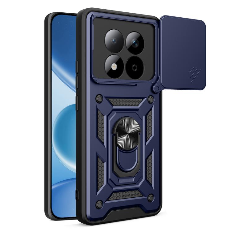 Rugged TPU+PC phone case with sliding camera cover, dark blue armor design
