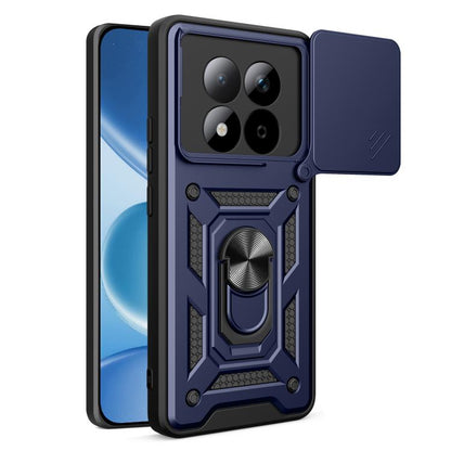 Rugged TPU+PC phone case with sliding camera cover, dark blue armor design