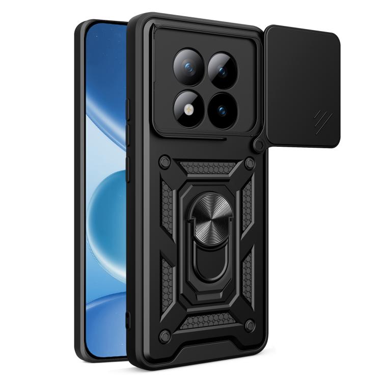 Black rugged TPU phone case with sliding camera cover and ring kickstand