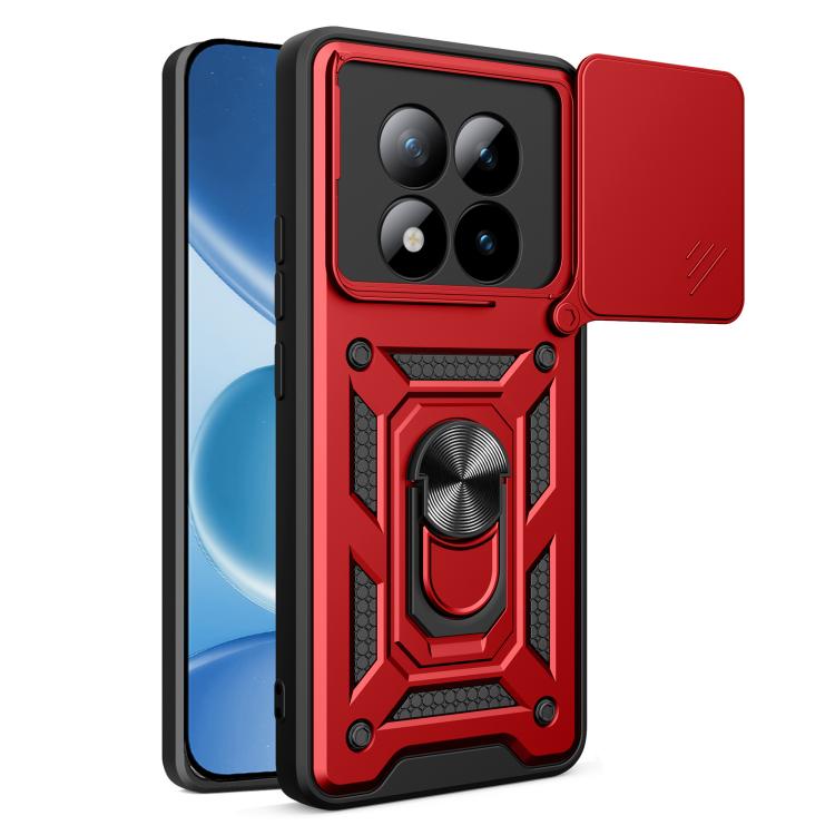 Red and black rugged TPU phone case with sliding camera cover and ring kickstand