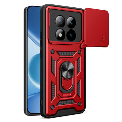 Red and black rugged TPU phone case with sliding camera cover and ring kickstand