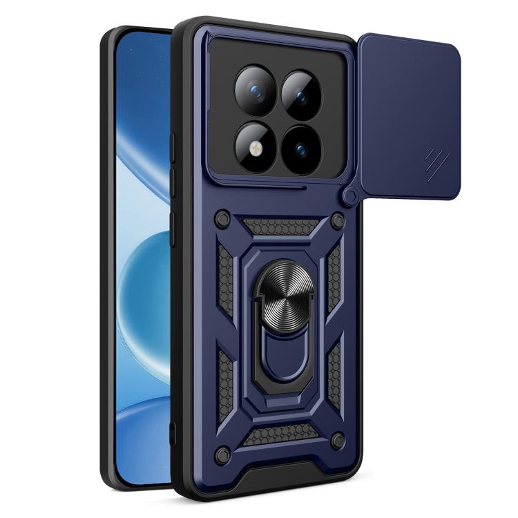 Navy and black rugged TPU phone case with sliding camera cover and ring kickstand