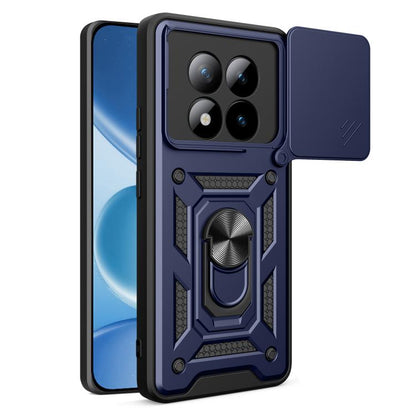 Navy and black rugged TPU phone case with sliding camera cover and ring kickstand