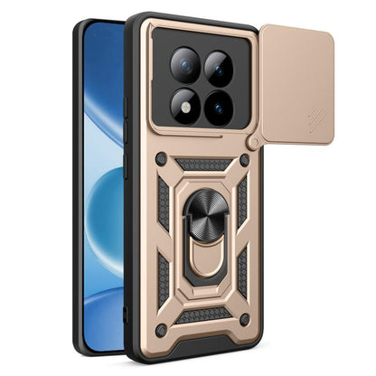 Beige rugged phone case with sliding camera cover and patterned bumper edges