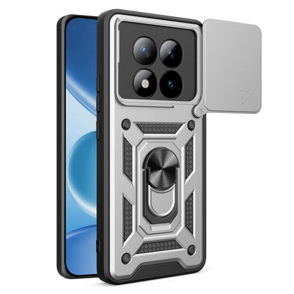 Silver rugged phone case with sliding camera cover and protective raised camera frame