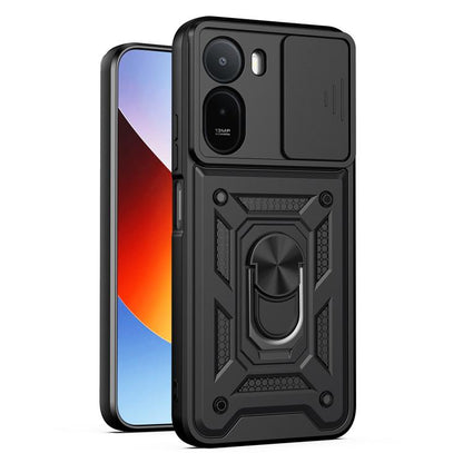 Black rugged phone case with sliding camera cover and raised camera armor details