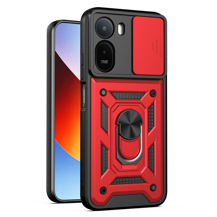 Red rugged phone case with sliding camera cover and textured armor grip pattern