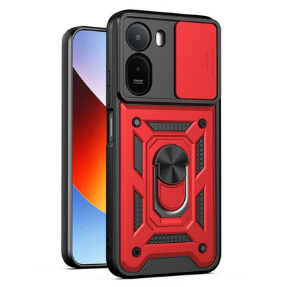 Red rugged phone case with sliding camera cover and textured armor grip pattern