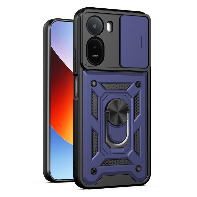 Blue rugged phone case with sliding camera cover and reinforced camera protector