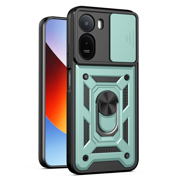 Green rugged phone case with sliding camera cover and textured shock-absorbing edges