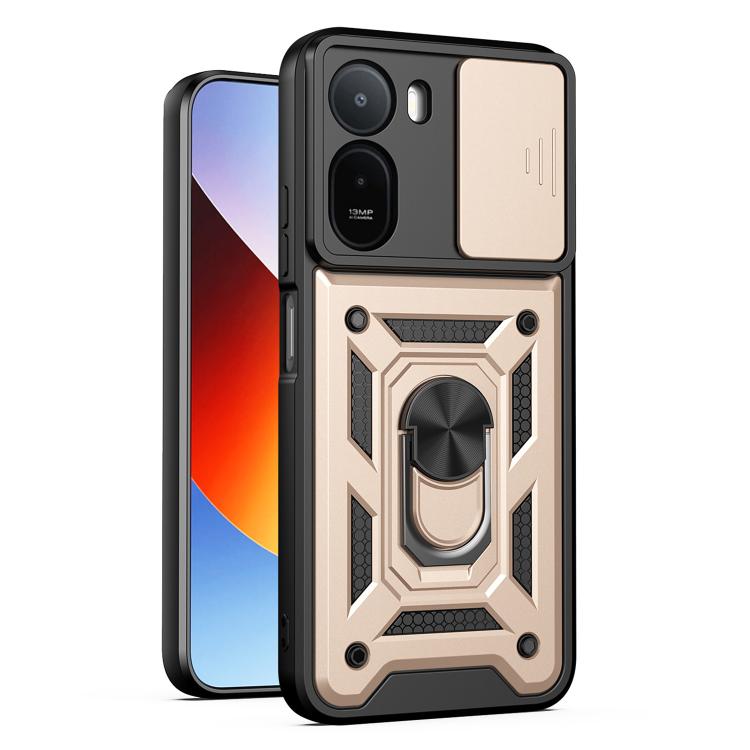 Beige/gold rugged phone case with sliding camera cover and raised armor frame