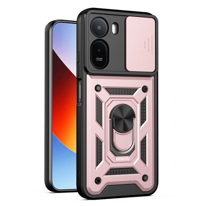 Light pink rugged phone case with sliding camera cover and protective camera frame