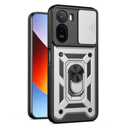 White/gray rugged phone case with sliding camera cover and raised camera protection