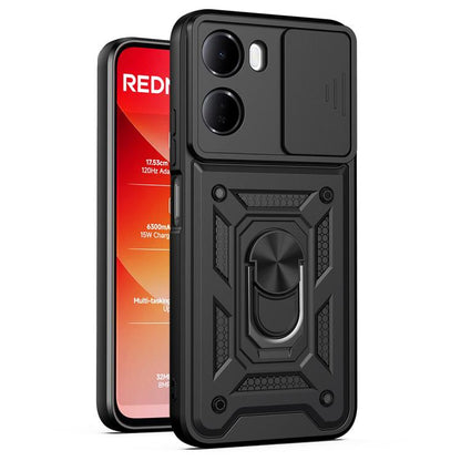 Black rugged phone case with sliding camera cover, reinforced corner armor design