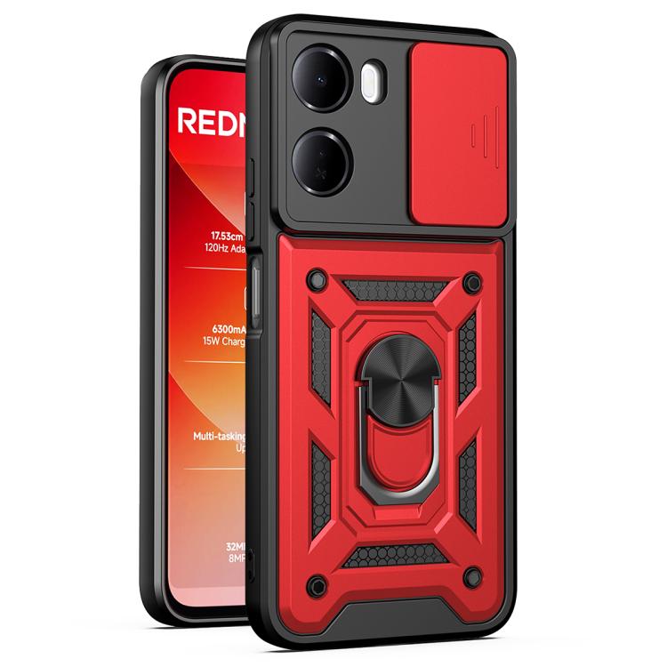 Red and black TPU phone case with sliding camera cover and rugged ring kickstand