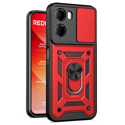 Red and black TPU phone case with sliding camera cover and rugged ring kickstand
