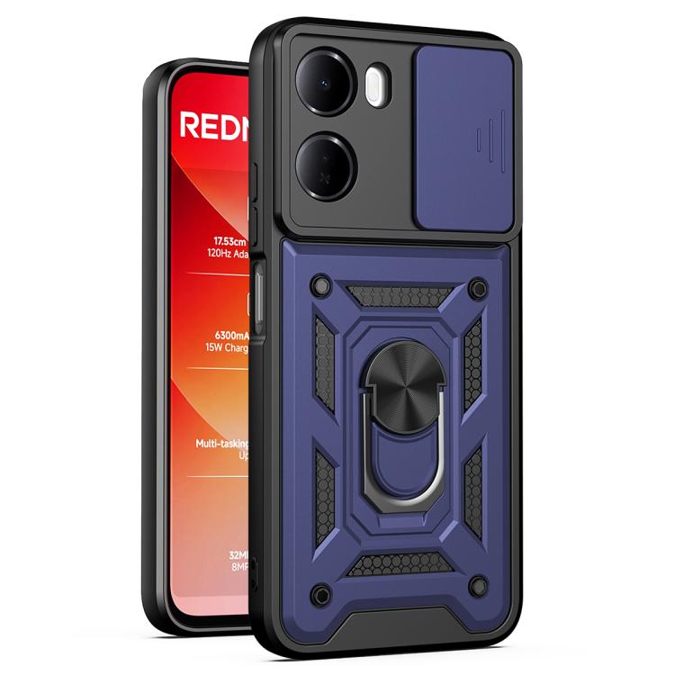 Blue and black TPU phone case with sliding camera cover and rugged ring kickstand