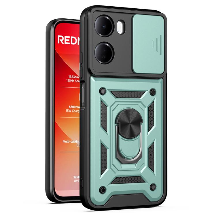 Green and black TPU phone case with sliding camera cover and rugged ring kickstand