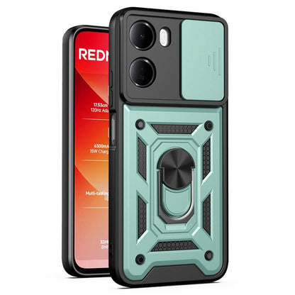 Green and black TPU phone case with sliding camera cover and rugged ring kickstand