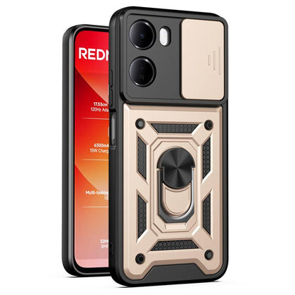 Beige and black TPU phone case with sliding camera cover and rugged ring kickstand