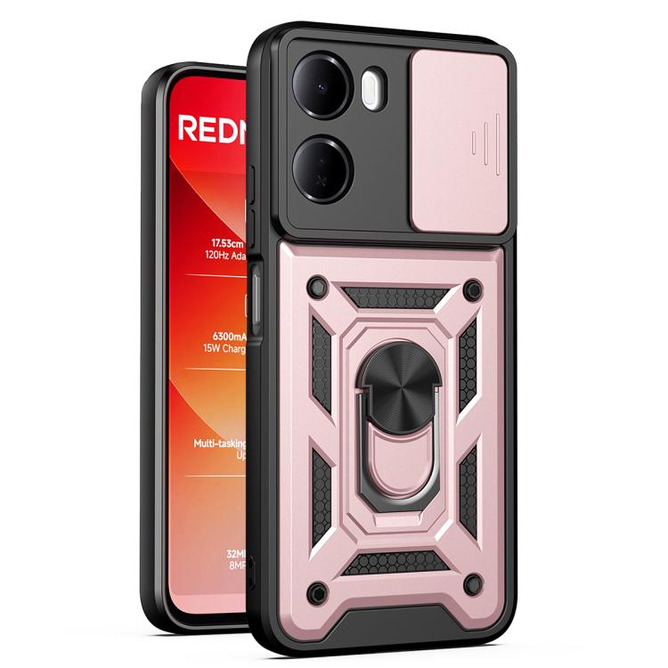 Pink and black TPU phone case with sliding camera cover and rugged ring kickstand