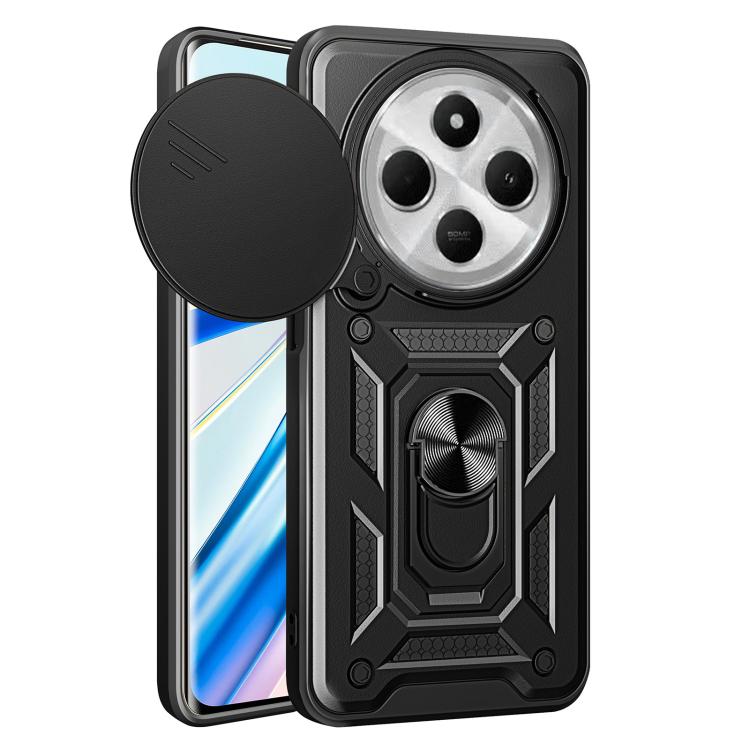 Black rugged phone case with sliding camera cover and textured grip stand