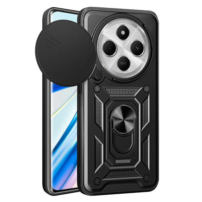 Black rugged phone case with sliding camera cover and textured grip stand