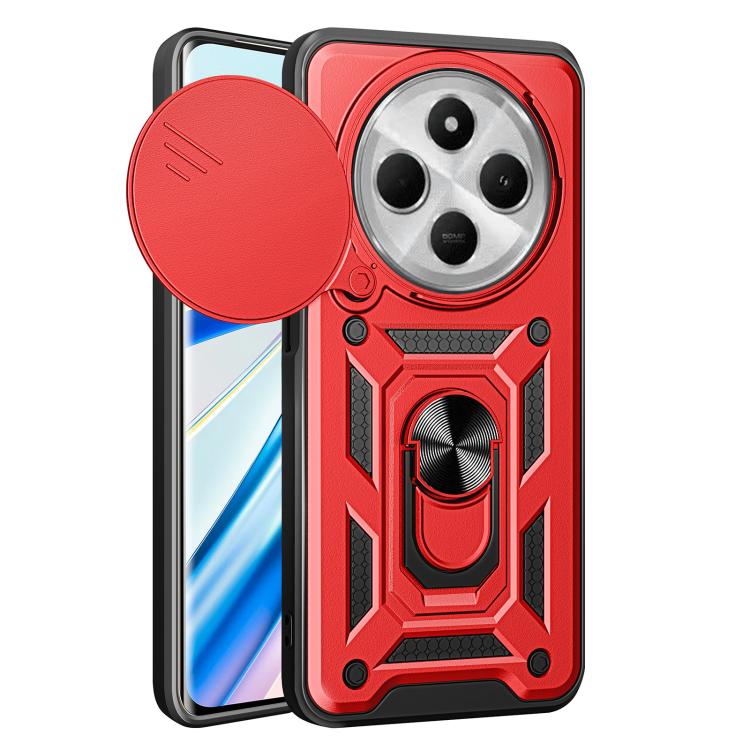 Red rugged phone case with sliding camera cover and textured grip stand