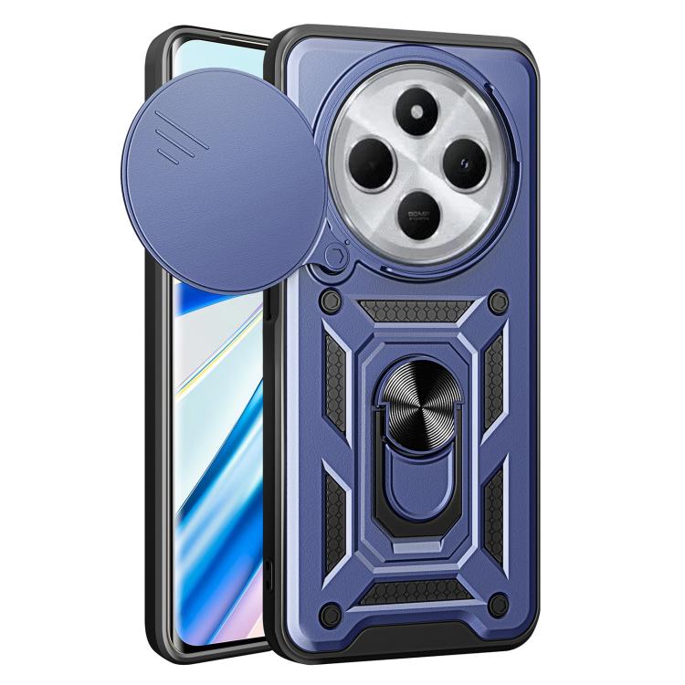 Blue rugged phone case with sliding camera cover and textured grip stand