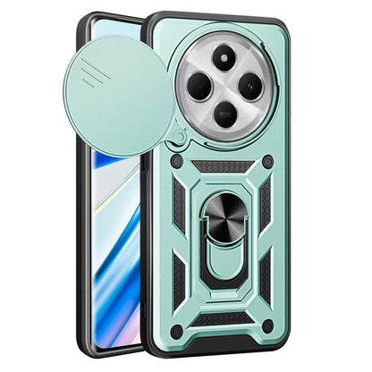 Light green rugged phone case with sliding camera cover and textured grip stand
