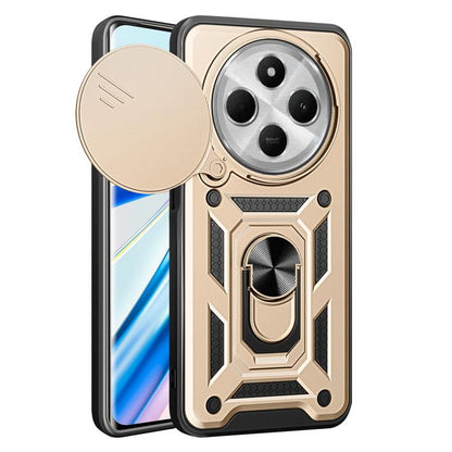 Gold rugged phone case with sliding camera cover and textured grip stand