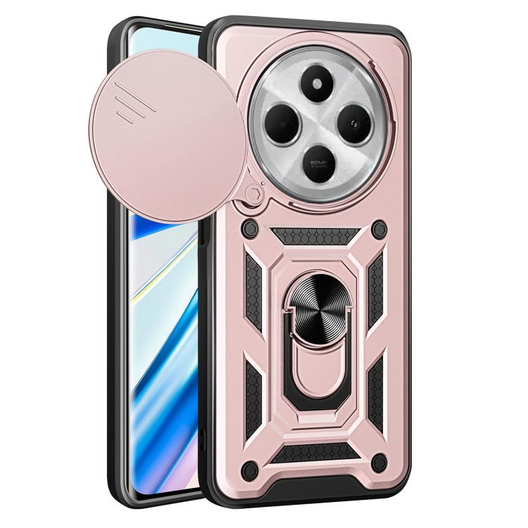 Pink rugged phone case with sliding camera cover, raised kickstand-style frame