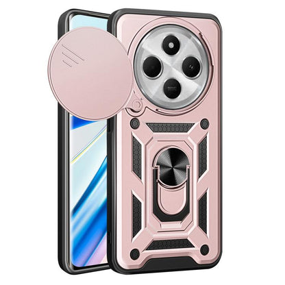 Pink rugged phone case with sliding camera cover, raised kickstand-style frame