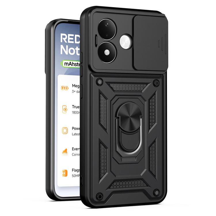 Rugged black phone case with sliding camera cover and built-in ring kickstand