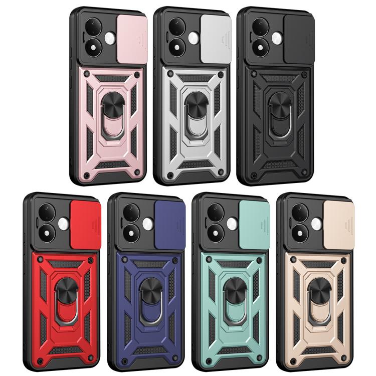 Rugged phone case with sliding camera cover and ring kickstand, shown in multiple colors