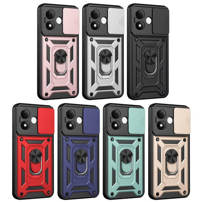 Rugged phone case with sliding camera cover and ring kickstand, shown in multiple colors