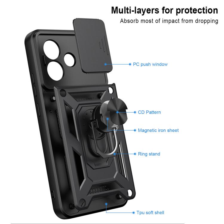 Rugged black phone case with sliding camera cover and ring kickstand on back