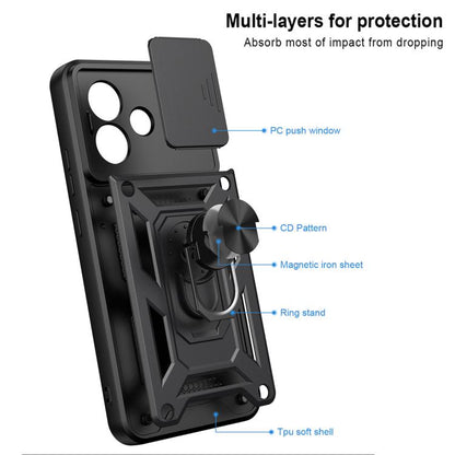 Rugged black phone case with sliding camera cover and ring kickstand on back