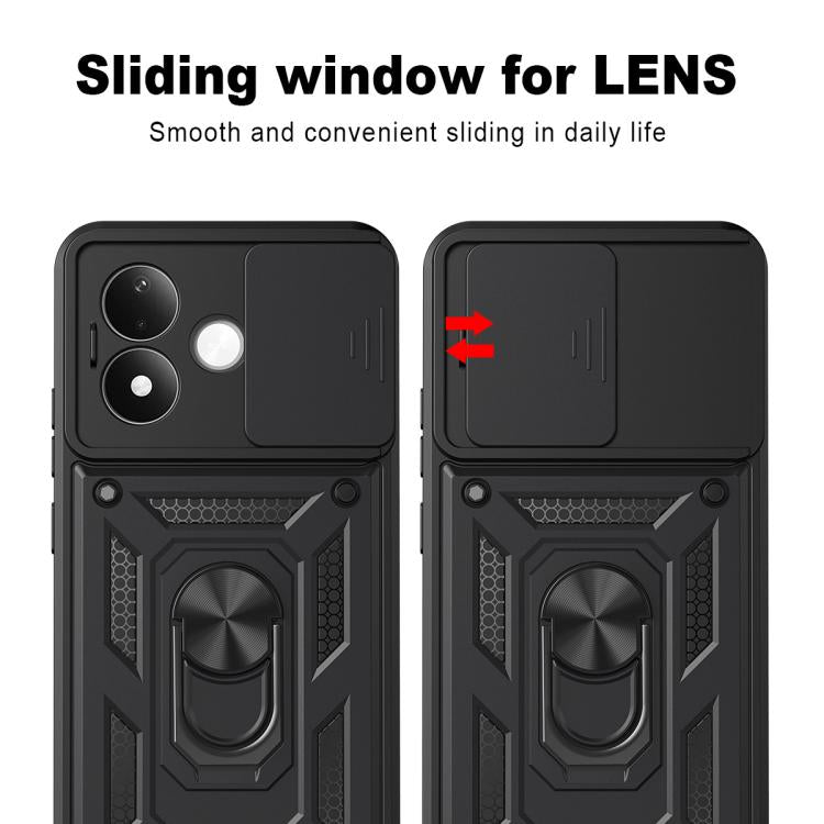 Black rugged phone case with sliding lens window over camera area