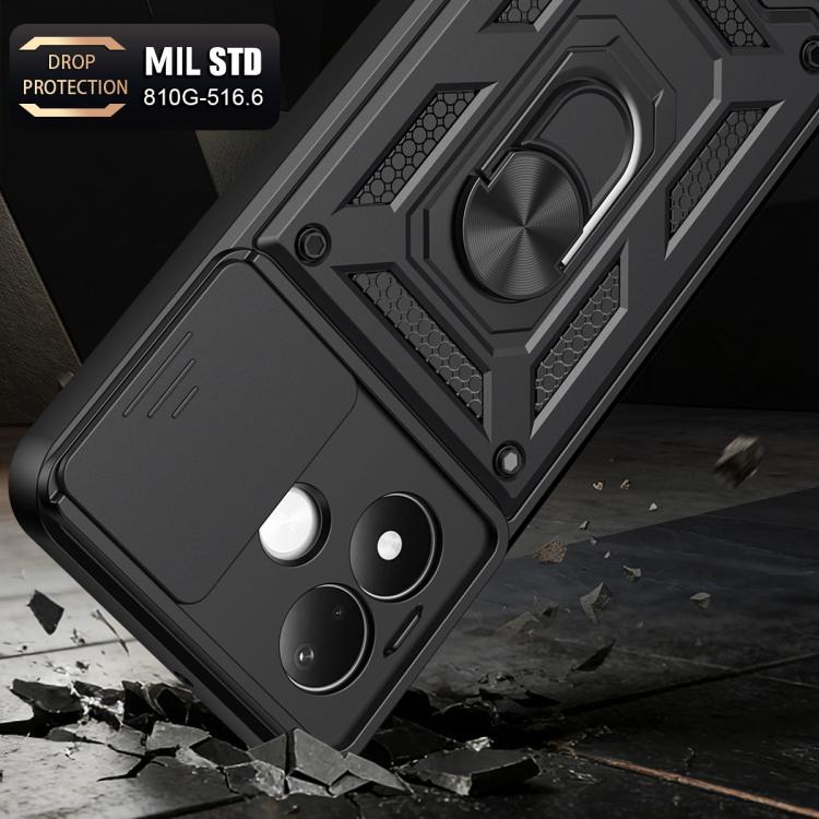 Rugged black phone case with ring kickstand and textured shock-absorbing frame