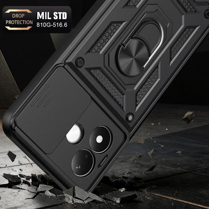 Rugged black phone case with ring kickstand and textured shock-absorbing frame